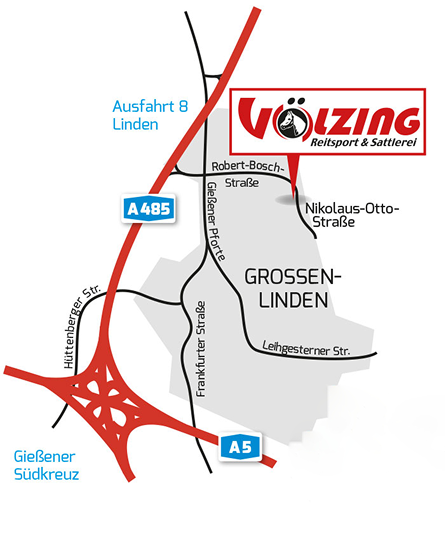 Karte von Groß-Linden mit Beschriftungen für Straßen, Autobahnen (A5, A485) und einem Standort für „Völzing Reitsport & Sattlerei“.