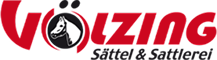 Logo von Völzing, einem Fachgeschäft für Sättel und Sattlerbedarf, in rot und schwarz mit einem stilisierten Pferdekopf.