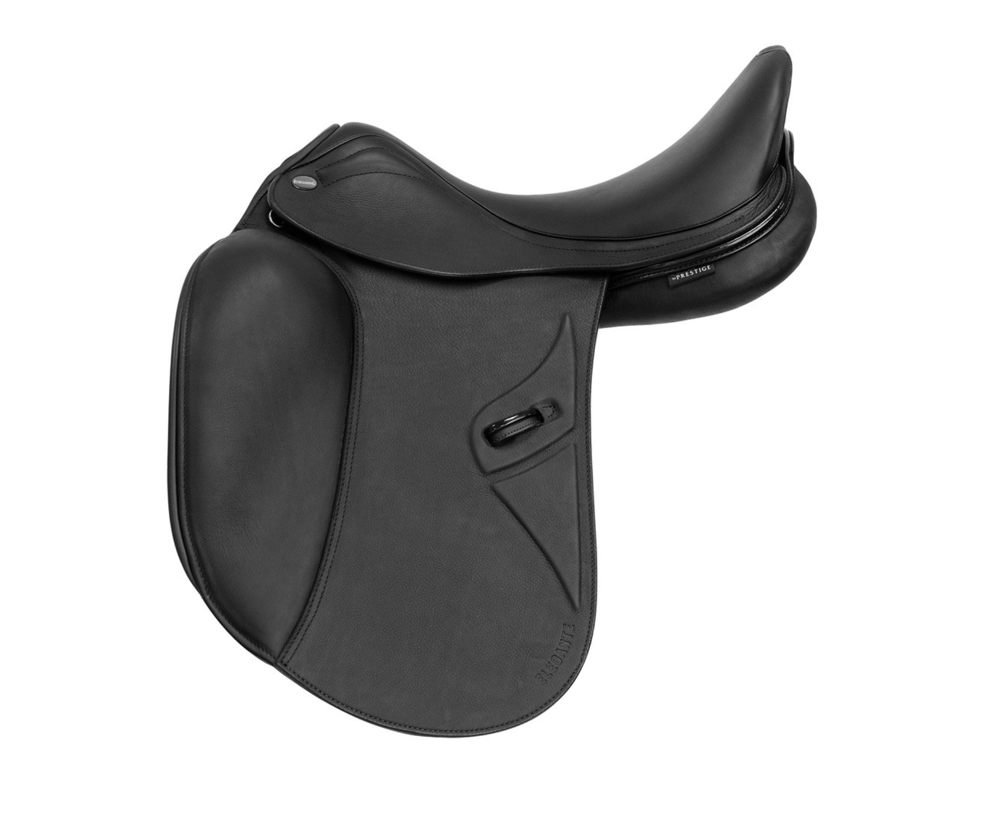 A black horse saddle with a smooth surface and a streamlined design, featuring a padded flap and a subtle brand logo.
